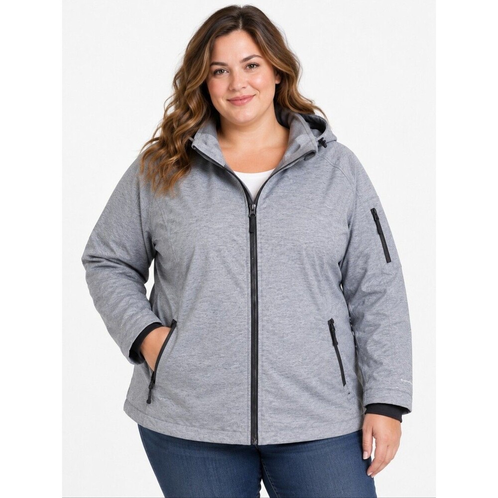 Free Country Women’s Jacket Full Zip Hooded Gray 1X Faux Fur Inner Shell Pockets
